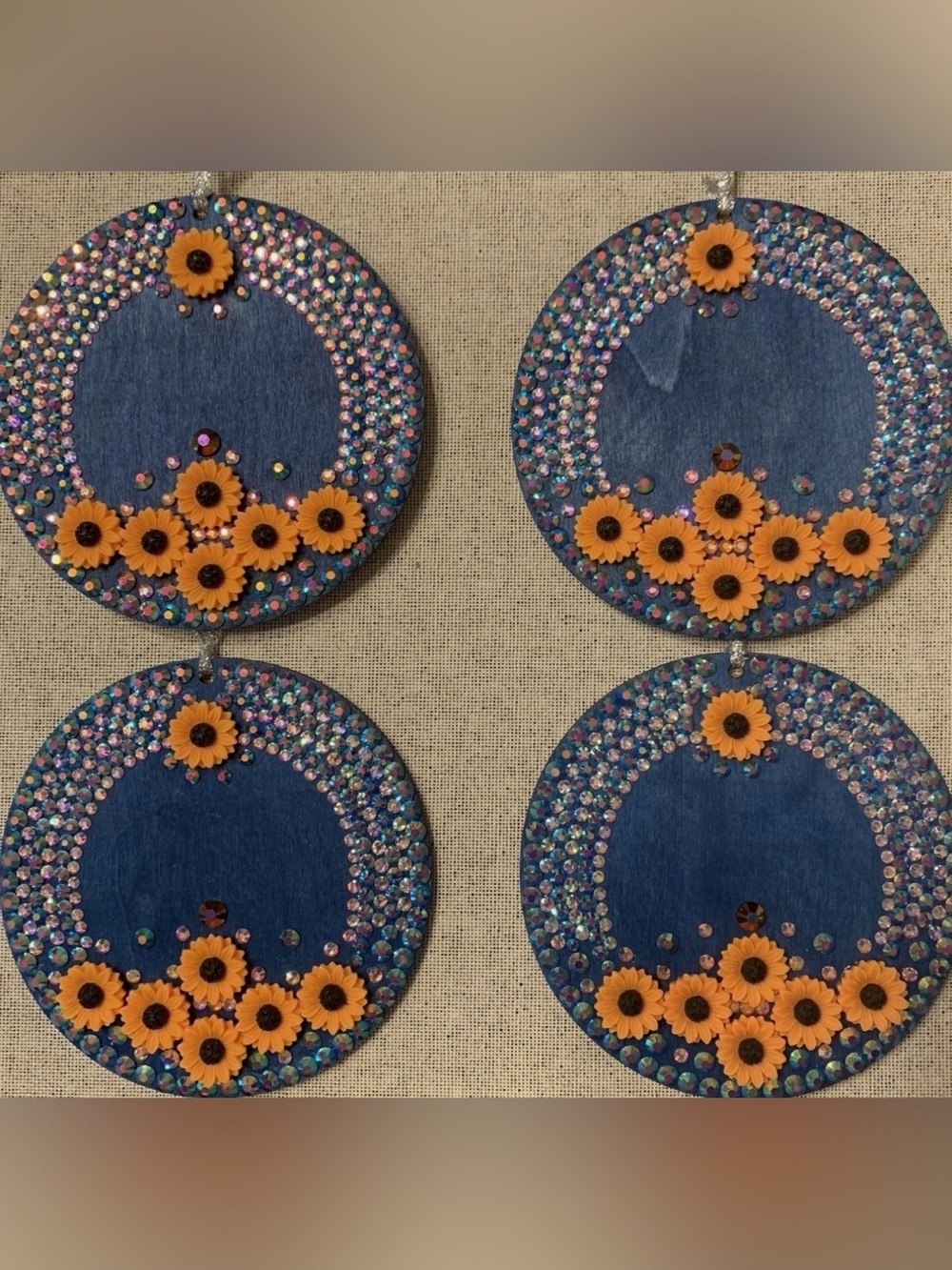 Set of 4 Hand Embellished Purple & Gold Floral Wooden Holiday 4” Round Ornaments